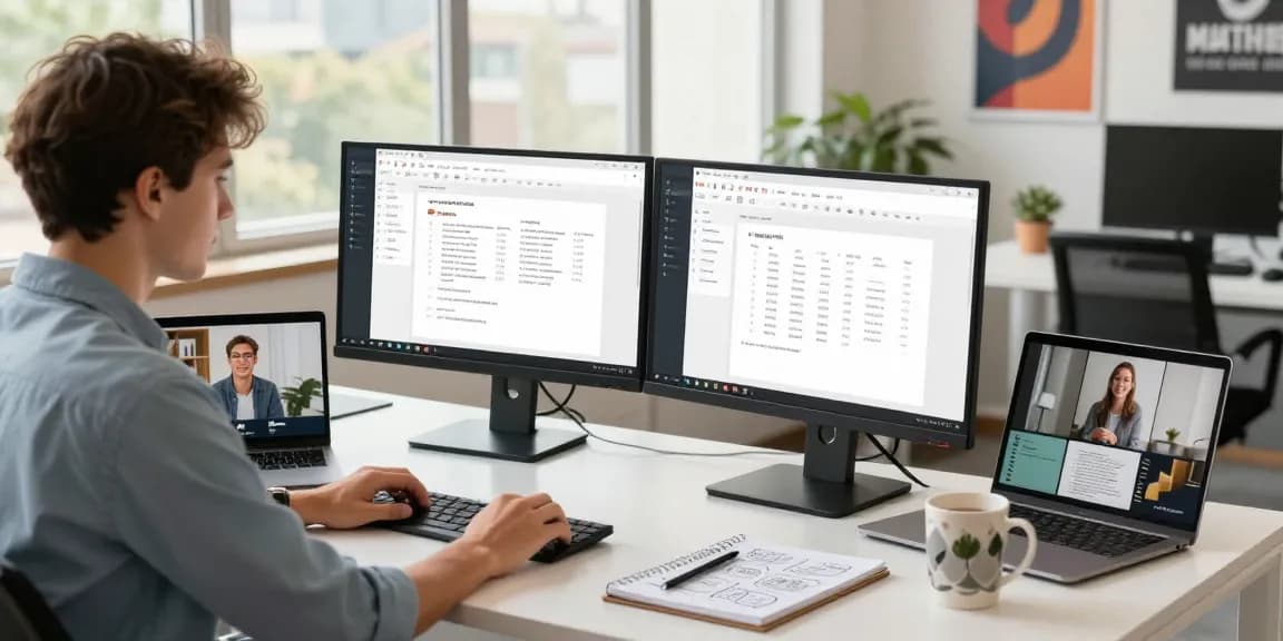 Download WPS Office in a modern workspace with dual monitors, showcasing productivity and collaboration.