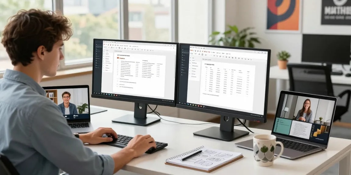 Download WPS Office in a modern workspace with dual monitors, showcasing productivity and collaboration.