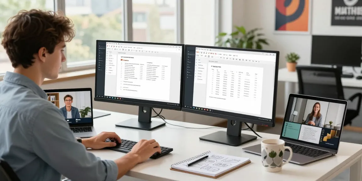 Download WPS Office in a modern workspace with dual monitors, showcasing productivity and collaboration.