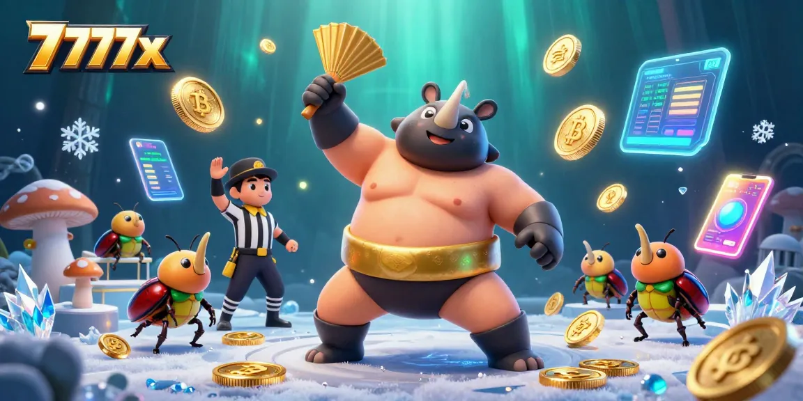 Engage in thrilling gameplay with 777x illustrated by a beetle sumo champion amidst floating crypto coins.