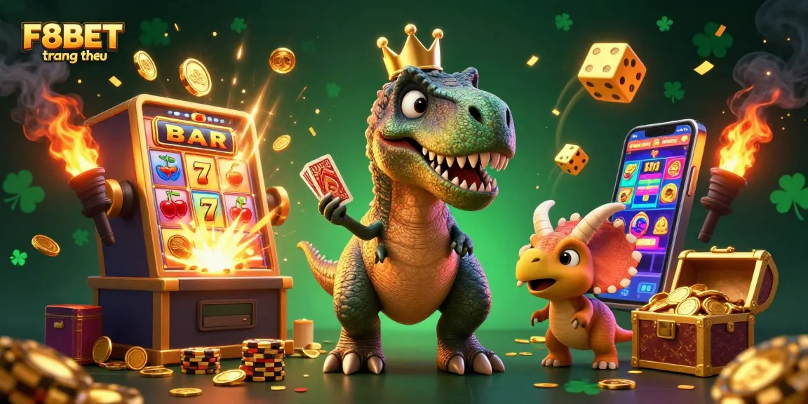 Experience the excitement of F8BET trang chủ with a lively 3D casino illustration featuring animated characters and vibrant game elements.