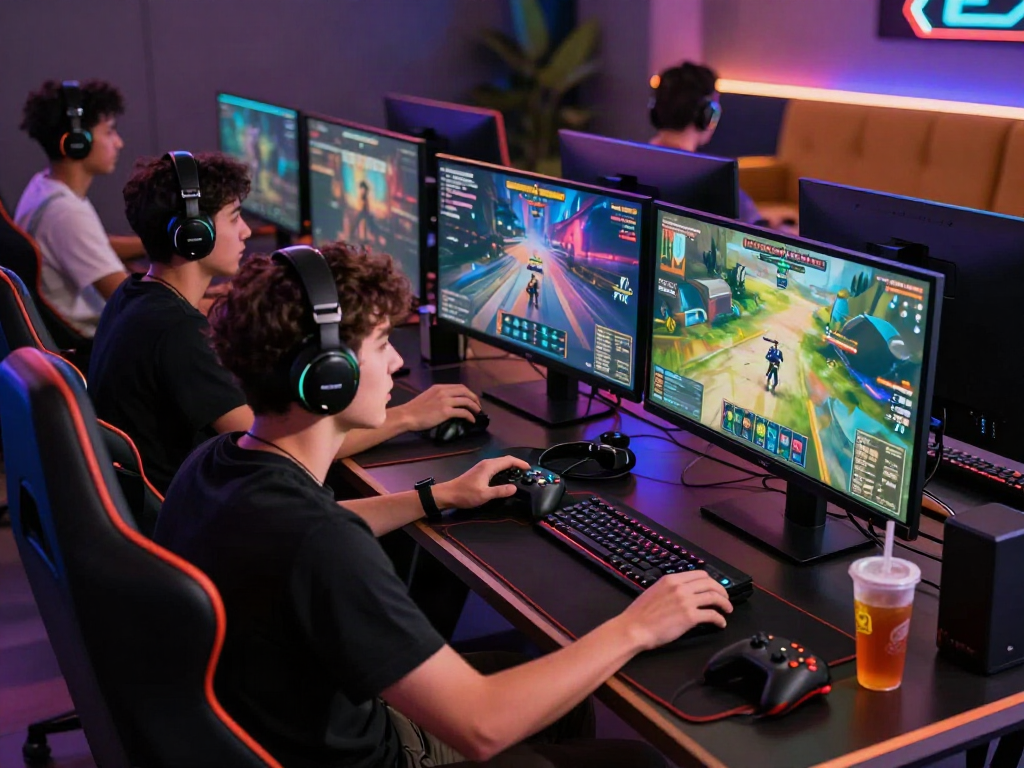 Exciting gaming action featuring players engaged with a vibrant porn game in a modern gaming lounge.