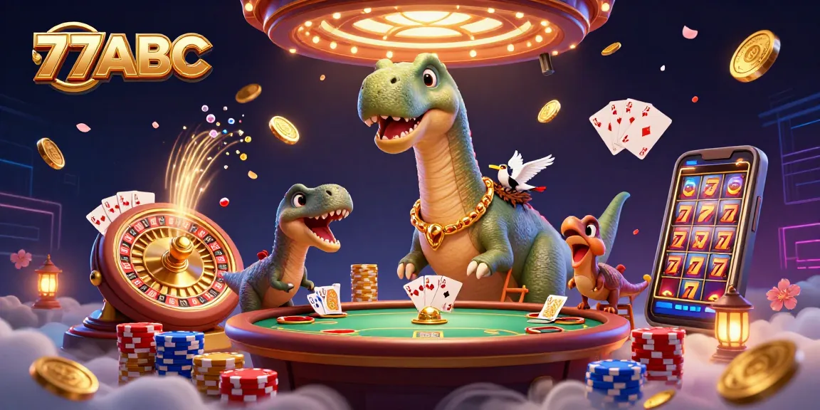 Engage in thrilling casino adventures at 77ABC with a dynamic 3D casino illustration featuring games, chips, and a vivid atmosphere.
