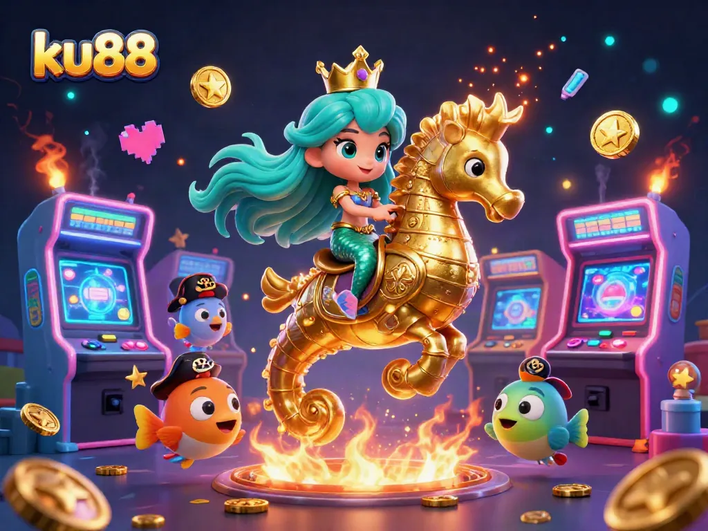 ku88 features a mermaid princess on a seahorse amidst colorful gaming elements in a vibrant casino scene