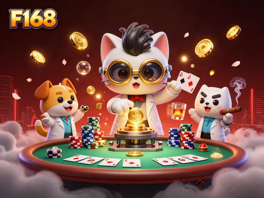F168 poker scene featuring a mad scientist cat and lab assistant dog amidst vibrant casino elements.