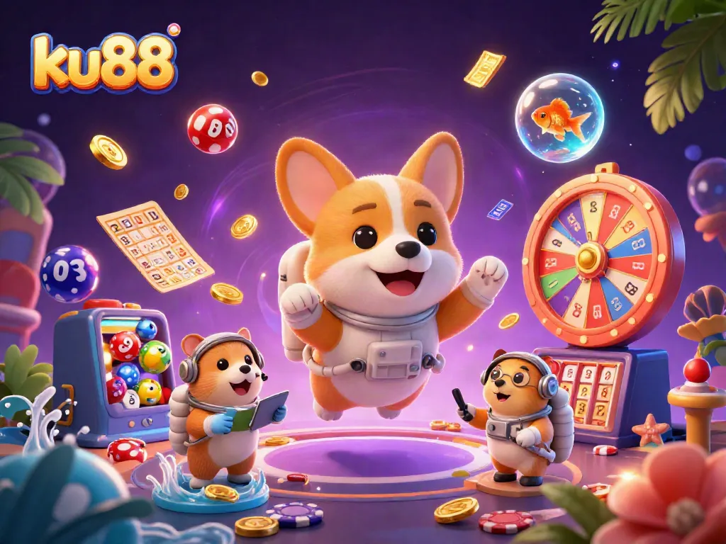 Experience winning moments at ku88 in this vibrant casino-themed illustration with exciting gaming elements.