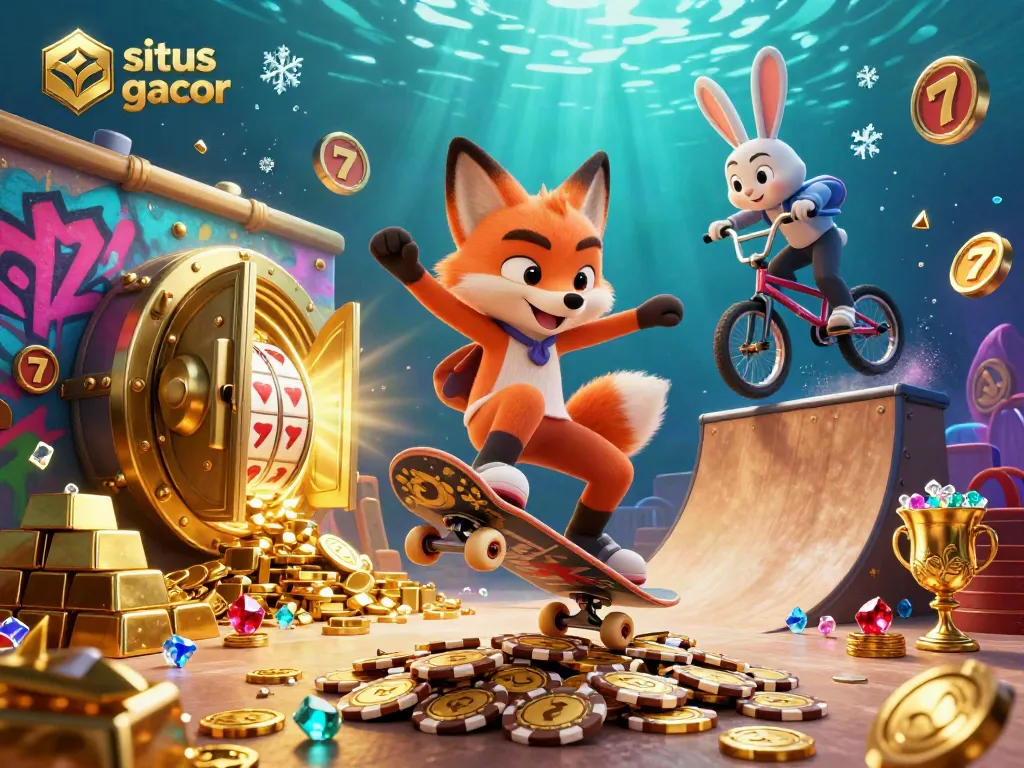 The energetic scene showcases a situs gacor theme, highlighting a skateboarder fox and BMX rabbit amidst jackpots and casino symbols.