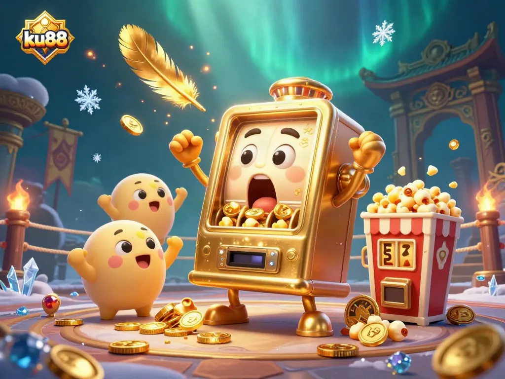 ku88 slot machine triumphantly hits a jackpot, creating an exciting casino scene filled with winning energy.