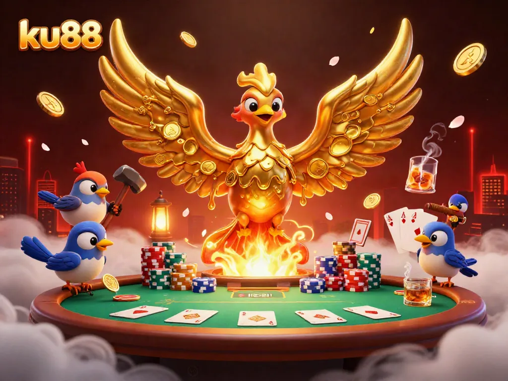 ku88 showcases a golden phoenix rising in a vibrant casino scene filled with poker elements.