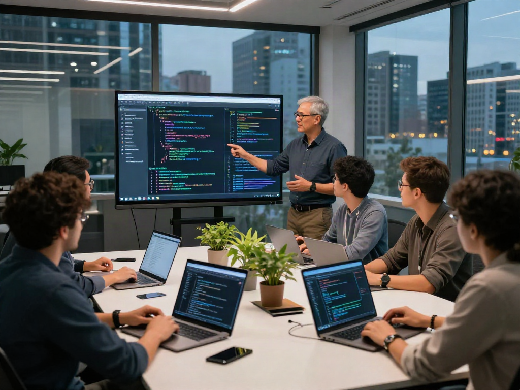 Engineers collaborating on AI projects at modern workspace, crushon ia technology insights