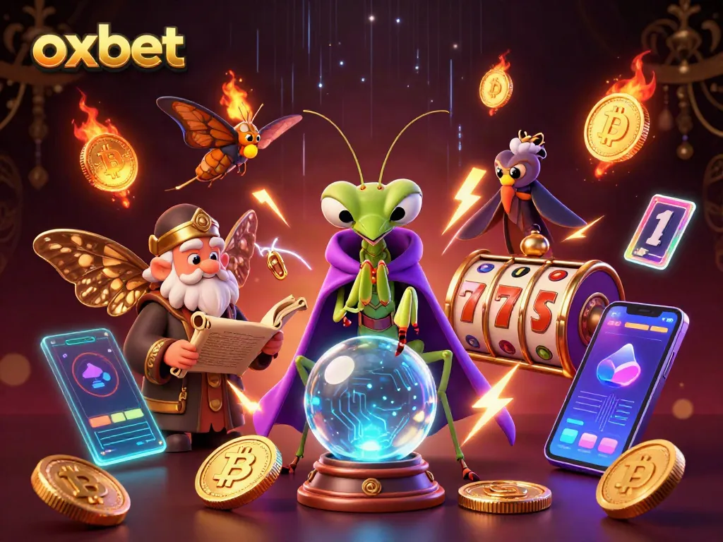 Engage with OXBET's thrilling casino experience featuring vibrant slot reels and crypto elements.