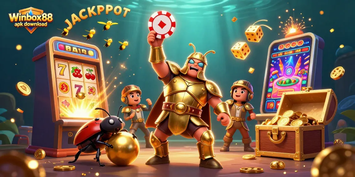 Winbox88 apk download features a jubilant insect duo celebrating jackpot wins in a lively casino!