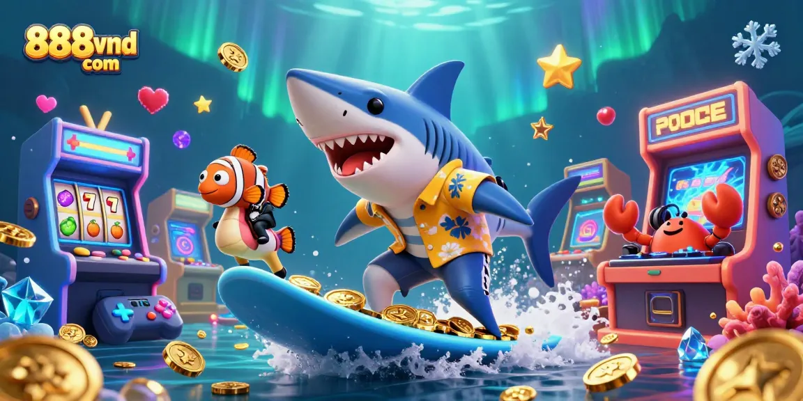 Experience thrilling casino adventures with 888vnd com as a shark rides gold coins amidst colorful gaming elements.