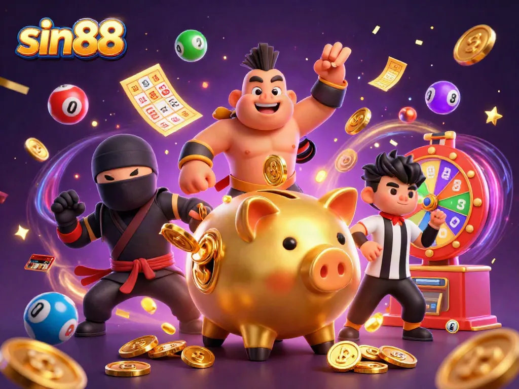 Sin88 showcases thrilling gaming excitement with a dynamic piggy bank sumo wrestler character and vibrant casino elements.