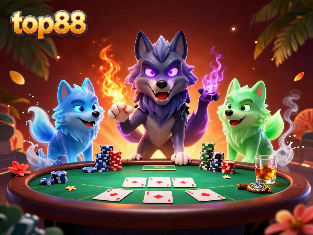 Engage in top88 poker with a shadow wolf leader and ghostly companions in a vibrant casino scene.