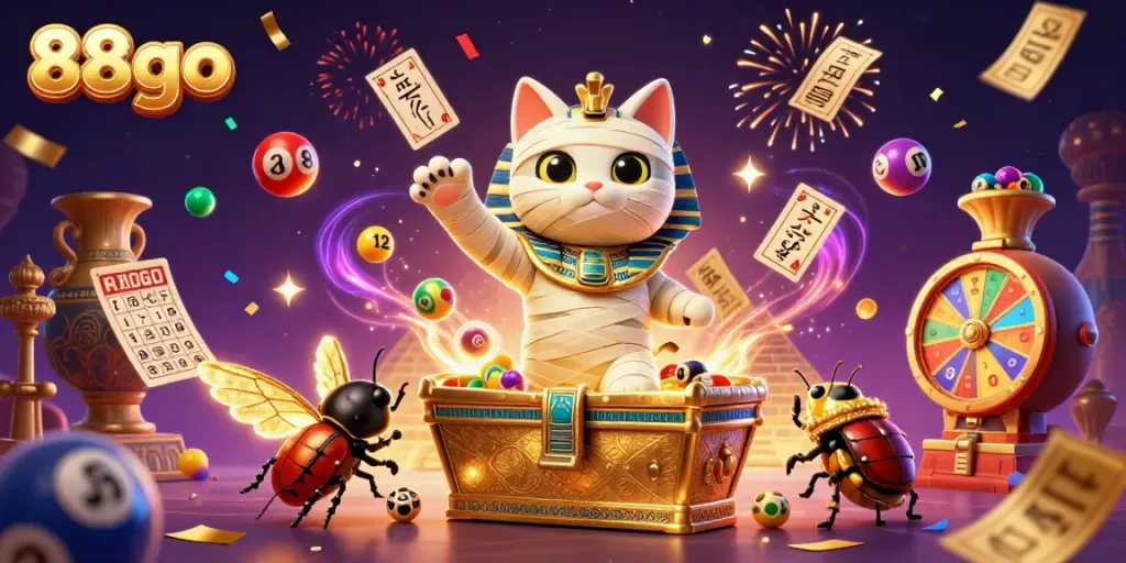 Experience thrilling gaming action with 88go in this vibrant casino scene featuring a mummy cat and a scarab.