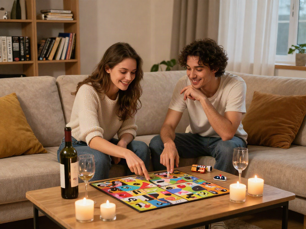Couple enjoying playful sex games during a cozy game night.