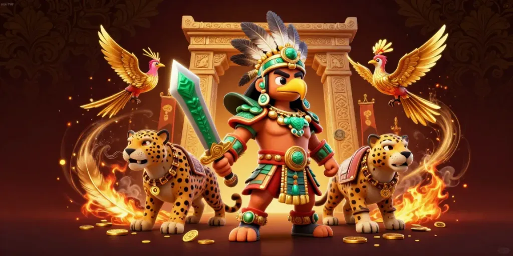 Sao789 showcases thrilling gaming action with majestic 3D Aztec warriors and vibrant casino symbols.
