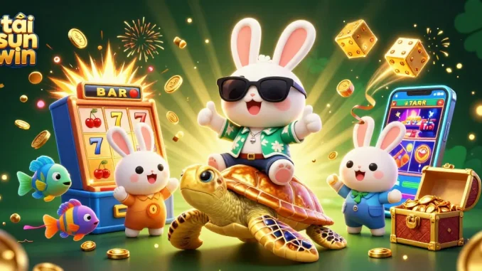 Play and win at tải sun win featuring a lucky rabbit and a golden turtle amidst a colorful casino scene.