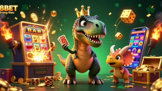 Experience the excitement of F8BET trang chủ with a lively 3D casino illustration featuring animated characters and vibrant game elements.