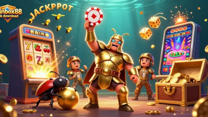 Winbox88 apk download features a jubilant insect duo celebrating jackpot wins in a lively casino!